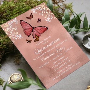 Elegant Roos Gold Butterfly Floral Quinceañera Kaart