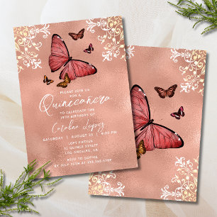 Elegant Roos Gold Butterfly Floral Quinceañera Kaart