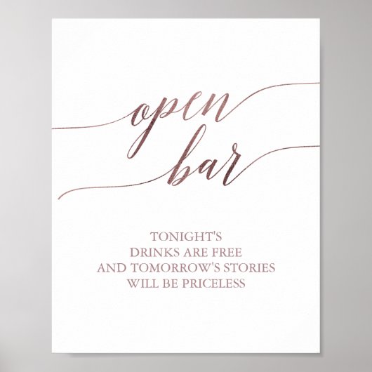 Elegant Roos Gold Calligraphy Open Bar Sign. Poster (Voorkant)