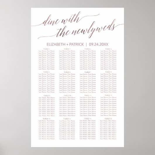 Elegant Roos Gold Calligraphy Seating Chart Poster (Voorkant)