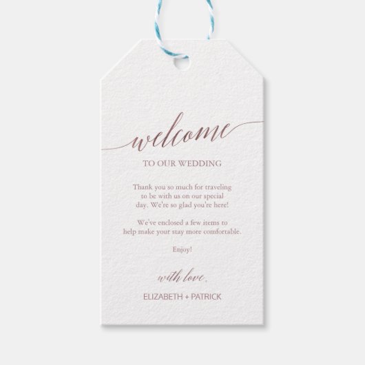 Elegant Roos Gold Calligraphy Weddenschap Welkom Cadeaulabel (Voorkant)