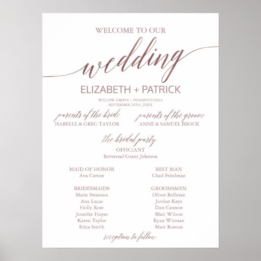 Elegant Roos Gold Calligraphy Wedding Programme Poster (Voorkant)