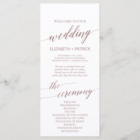 Elegant Roos Gold Calligraphy Wedding Programme Programma (Voorkant)