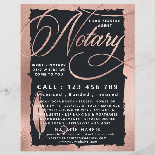 Elegant Roos Gold & Charcoal Notary Loan Agent Flyer (Voorkant)