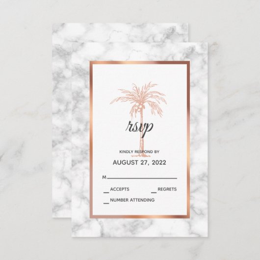 Elegant Roos Gold Copper Marble Palm Tree Weddensc RSVP Kaartje (Voorkant / Achterkant)