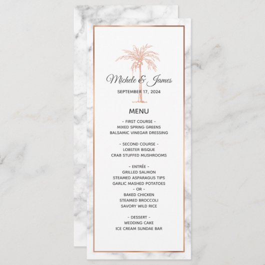 Elegant Roos Gold Copper Palm Tree Marble Wedding Menu (Voorkant / Achterkant)