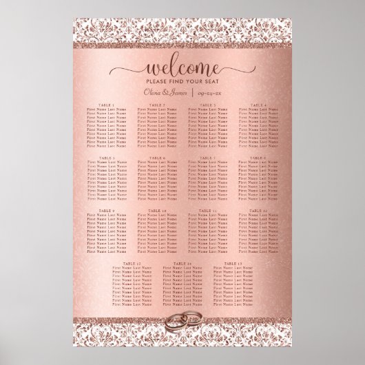 Elegant Roos Gold Damask Wedding 15-zittingskaart Poster (Voorkant)