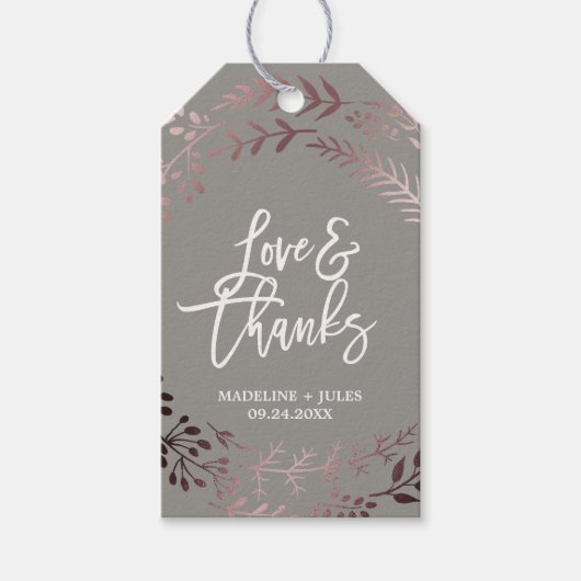 Elegant Roos Gold en grijs "Love & Bedankt Wedding Cadeaulabel (Voorkant)