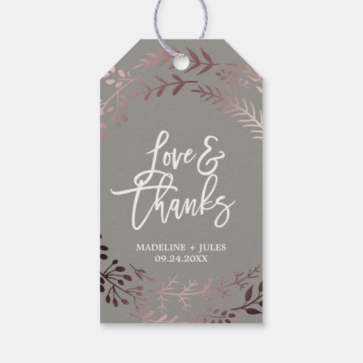 Elegant Roos Gold en grijs "Love & Bedankt Wedding Cadeaulabel (Achterkant)