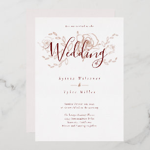 Elegant Roos Gold Floral White Burgundy Wedding fo Folie Uitnodiging