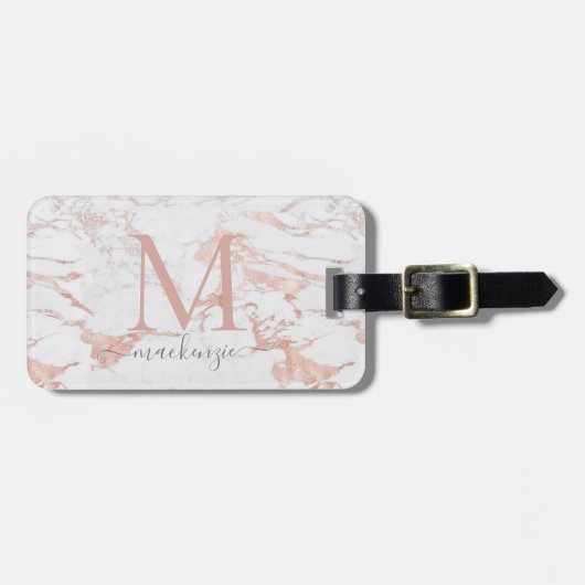 Elegant Roos Gold Foil marble Monogram Bagagelabel (Voorkant horizontaal)