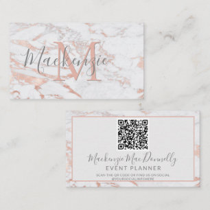 Elegant Roos Gold Foil marble Monogram QR Code Visitekaartje