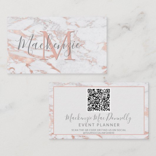 Elegant Roos Gold Foil marble Monogram QR Code Visitekaartje (Voorkant / Achterkant)