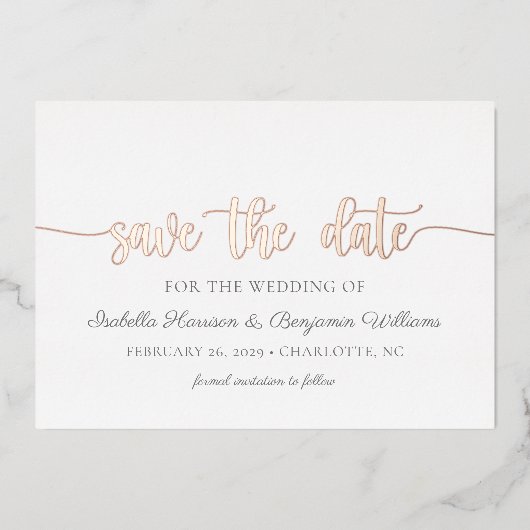 Elegant Roos Gold Foil sparen de datum aankondigin Folie Uitnodiging (Voorkant)