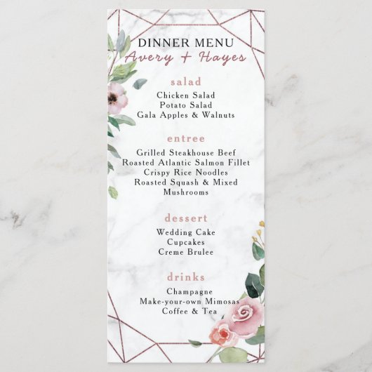 Elegant Roos Gold Geometric Wedding Menu (Voorkant)
