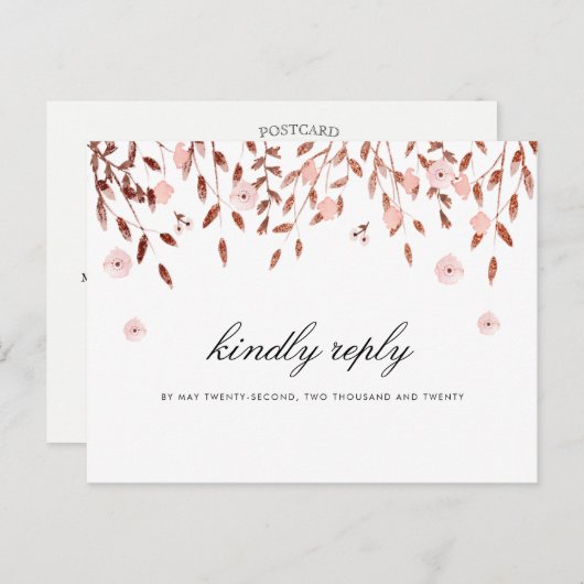 Elegant Roos Gold Glitter | Bloemen bruiloft RSVP Uitnodiging Briefkaart (Voorkant / Achterkant)