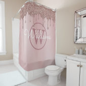 Elegant Roos Gold Glitter Drift Monogram Script Douchegordijn (In situ)