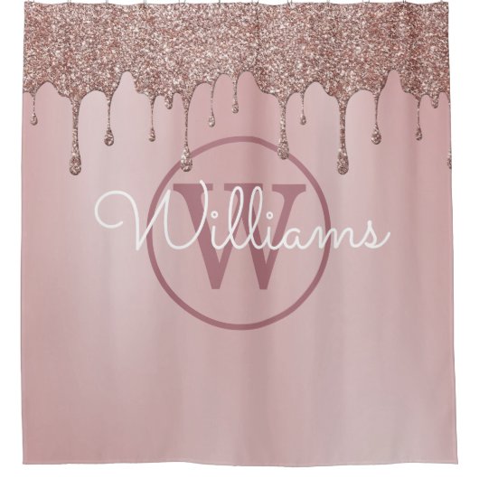 Elegant Roos Gold Glitter Drift Monogram Script Douchegordijn (Voorkant)