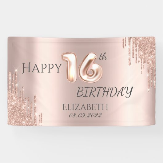 Elegant Roos Gold Glitter Drips 16e verjaardag Spandoek (Horizontaal)