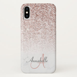 Elegant Roos Gold Glitter Fade Marble Monogram iPhone X Hoesje