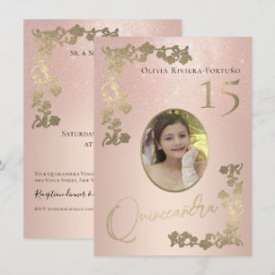 Elegant Roos Gold Glitter Floral Foto Quinceanera Kaart