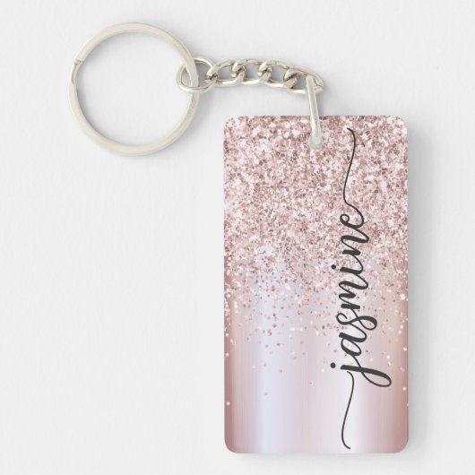 Elegant Roos Gold Glitter Monogram Name Script Ke Sleutelhanger (Voorkant)