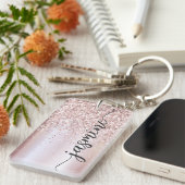 Elegant Roos Gold Glitter Monogram Name Script Ke Sleutelhanger (Voorkant Rechts)