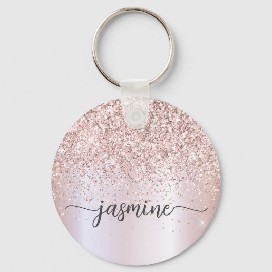 Elegant Roos Gold Glitter Monogram Name Script Sleutelhanger (Voorkant)