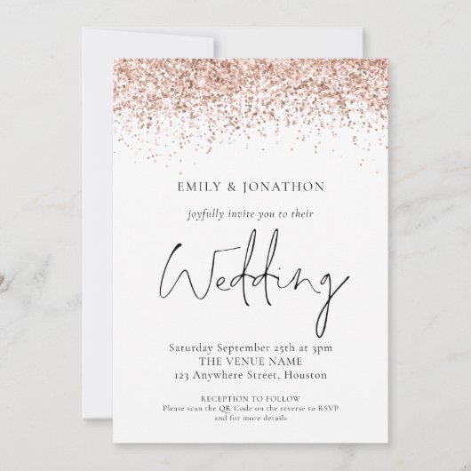 Elegant Roos Gold Glitter QR Code Weddenschap Kaart (Voorkant)