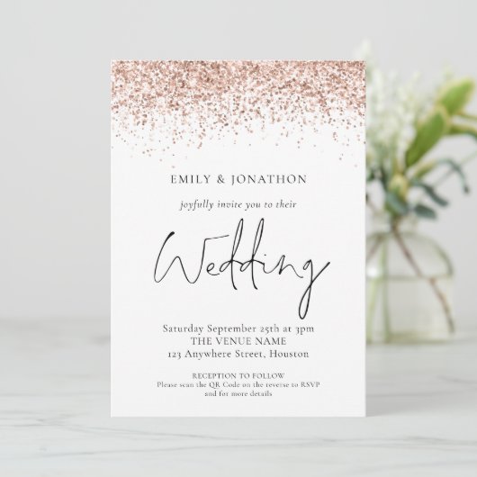 Elegant Roos Gold Glitter QR Code Weddenschap Kaart (Staand voorkant)