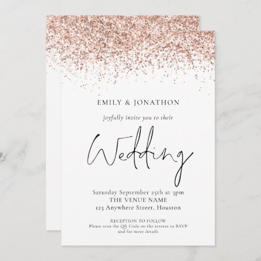 Elegant Roos Gold Glitter QR Code Weddenschap Kaart (Voorkant / Achterkant)