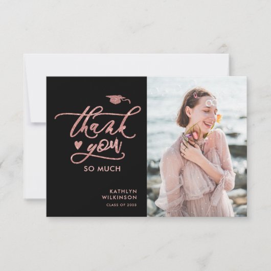 Elegant Roos Gold Glitter Script Photo Afstuderen Bedankkaart (Voorkant)