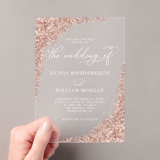 Elegant Roos Gold Glitter Script Weddenschap Acryl Uitnodigingen (Insitu (Draagbaar))