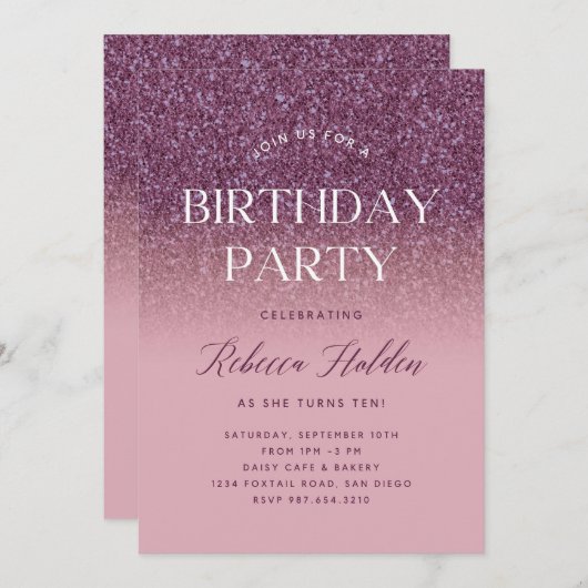 Elegant Roos Gold Glitter Verjaardagsuitnodiging Kaart (Voorkant / Achterkant)