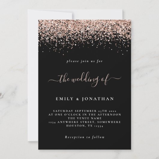 Elegant Roos Gold Glitter Wedding Black Kaart (Voorkant)