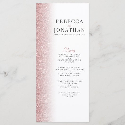 Elegant Roos Gold Glitter Wedding Menu Card (Voorkant)