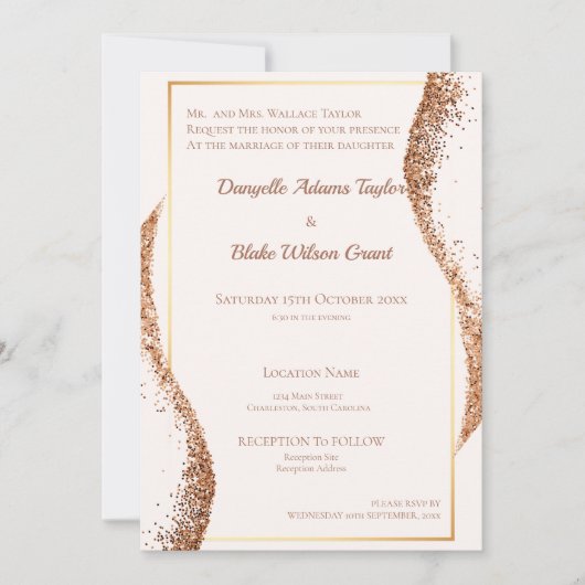Elegant Roos Gold Glitter Wedding Uitnodiging (Voorkant)