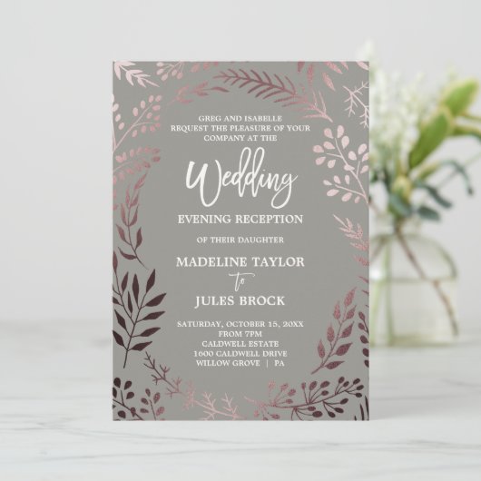 Elegant Roos Gold & Gray Weddenschap Evening Recep Kaart (Staand voorkant)