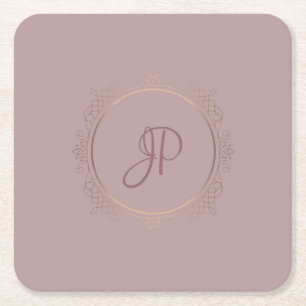 Elegant Roos Gold Monogram Sjabloon Vierkante Kartonnen Onderzetter