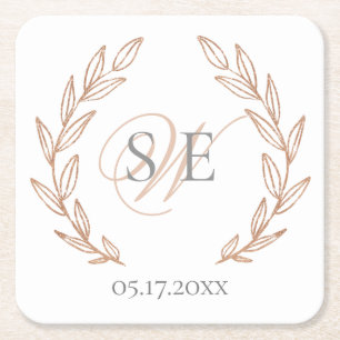 Elegant Roos Gold Monogram Weddenschap Vierkante Kartonnen Onderzetter