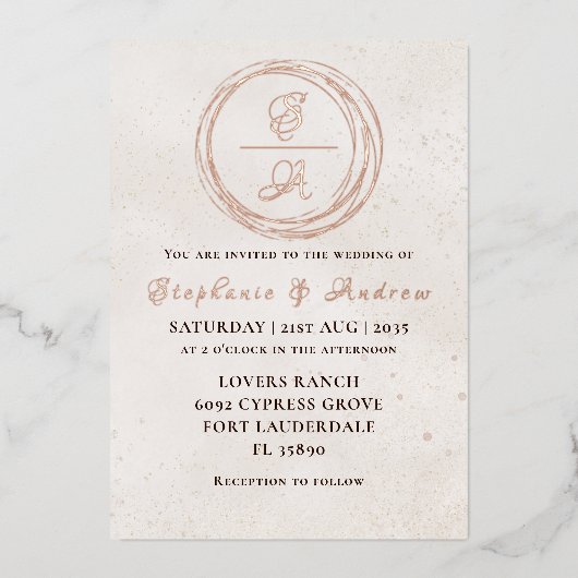 Elegant Roos Gold Monogram Wedding Folie Uitnodigi Folie Uitnodiging (Voorkant)