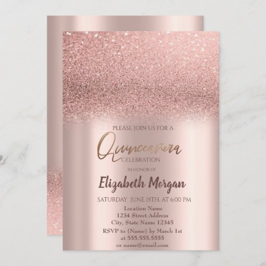 Elegant Roos Gold Ombre Quinceañera Uitnodiging (Voorkant / Achterkant)