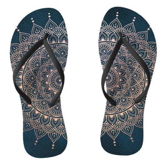 Elegant Roos Gold op Blauwgroen Floral Henna Manda Teenslippers (Voetbed)
