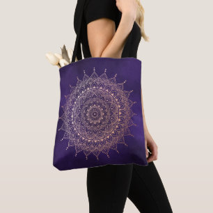 Elegant Roos Gold op Paarse Floral Henna Mandala Draagtas
