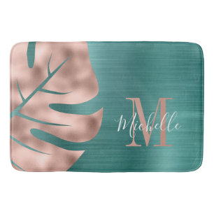 Elegant Roos Gold Palm Green Leaf Monogram Badmat