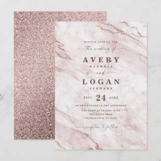 Elegant Roos Gold Pink Marble & Glitter Wedding Kaart
