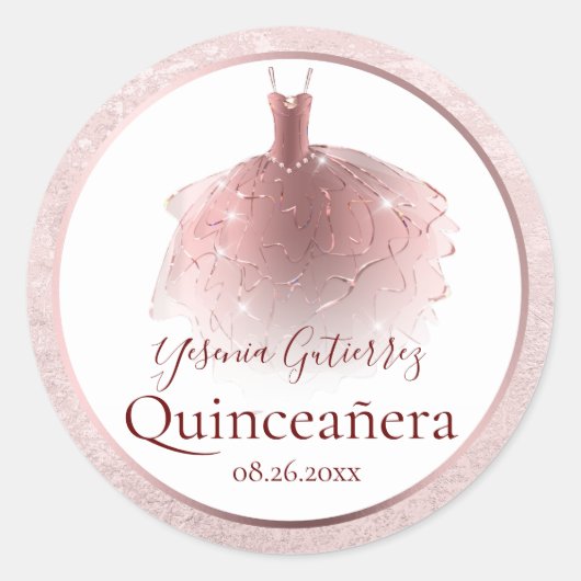 Elegant Roos Gold Quinceañera Dress Ronde Sticker (Voorkant)
