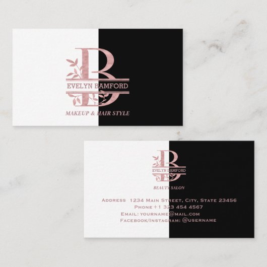 Elegant Roos Gold Split Custom Monogram Letter B Visitekaartje (Voorkant / Achterkant)