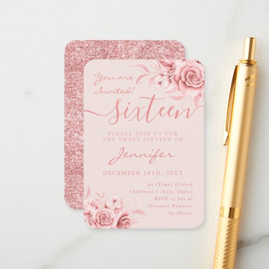 Elegant Roos Gold Sweet 16 Glitter Floral Blush Informatiekaartje (Voorkant / Achterkant in situ)
