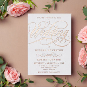 Elegant Roos Gold Swirl Calligraphy Wedding Folie Uitnodiging